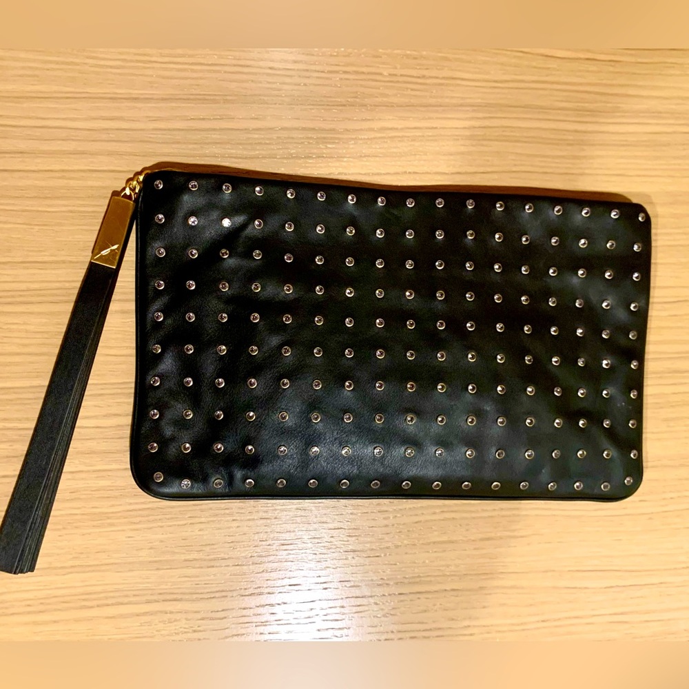 Brian Atwood Black Leather Clutch w/Crystal Studs, NWT